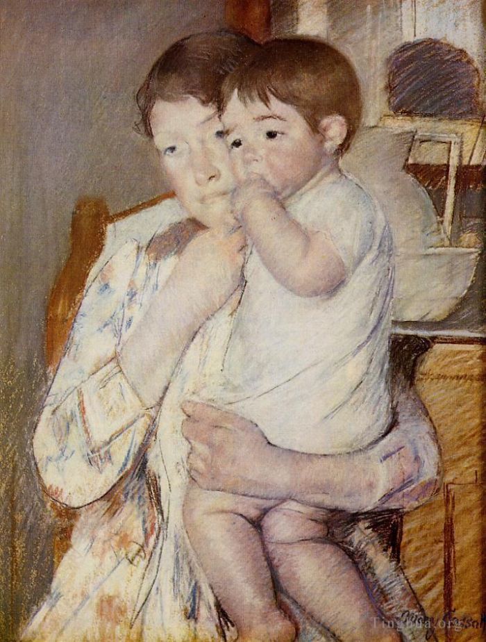 玛丽·史帝文森·卡萨特 的各类绘画作品 -  《婴儿在母亲怀里吮吸手指》
