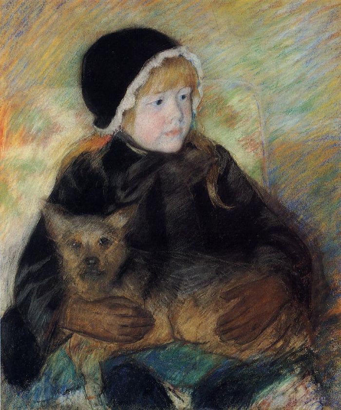 玛丽·史帝文森·卡萨特 的各类绘画作品 -  《艾尔西·卡萨特抱着一只大狗》