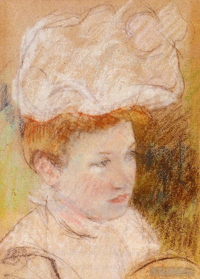 玛丽·史帝文森·卡萨特 的各类绘画作品 -  《戴着粉色蓬松帽子的,Leontine》