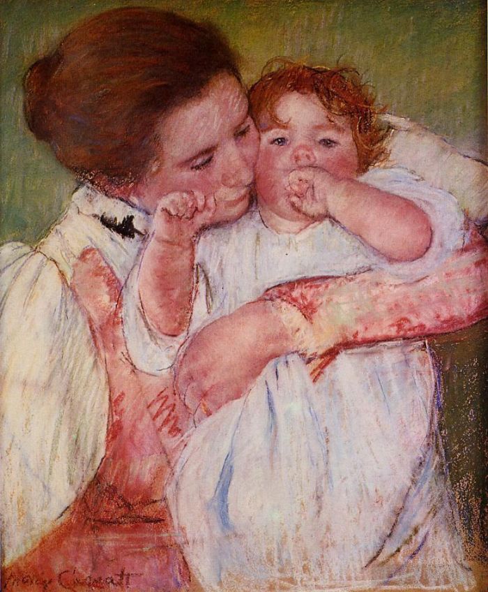 玛丽·史帝文森·卡萨特 的各类绘画作品 -  《小安吮吸妈妈拥抱的手指》