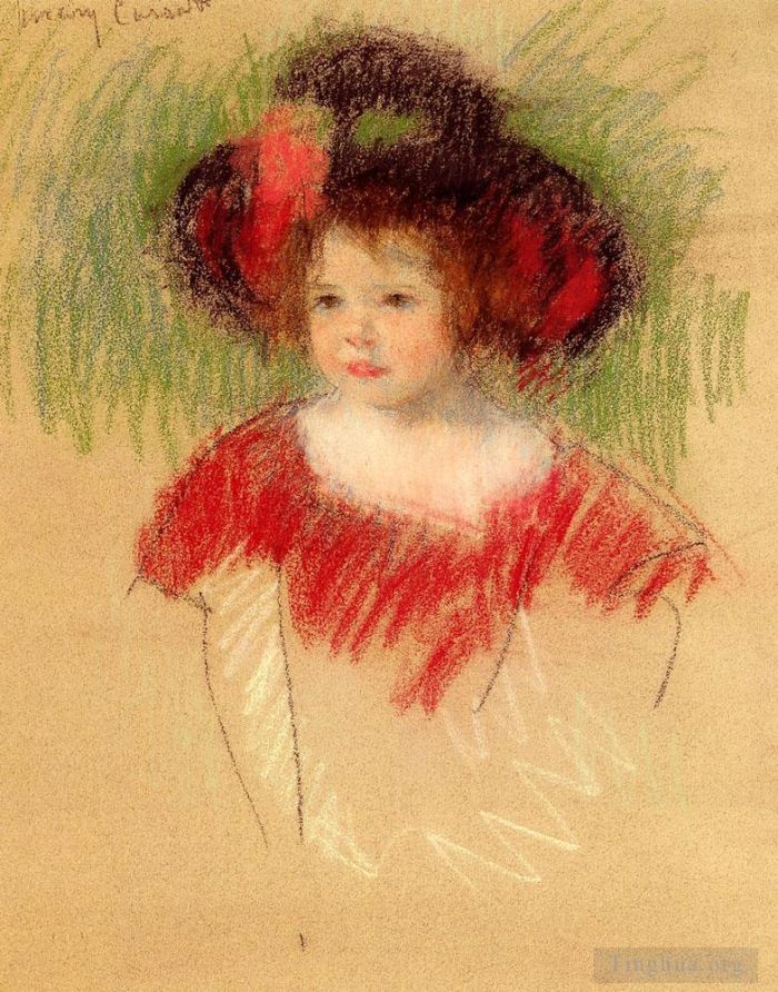 玛丽·史帝文森·卡萨特 的各类绘画作品 -  《玛戈特穿着大邦内特和红色连衣裙》