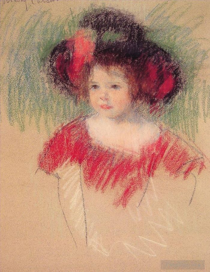 玛丽·史帝文森·卡萨特 的各类绘画作品 -  《玛戈特穿着大帽子和红色连衣裙》