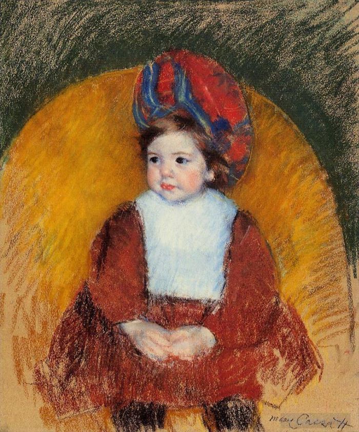 玛丽·史帝文森·卡萨特 的各类绘画作品 -  《身着深红色服装的玛戈特坐在圆背椅上》
