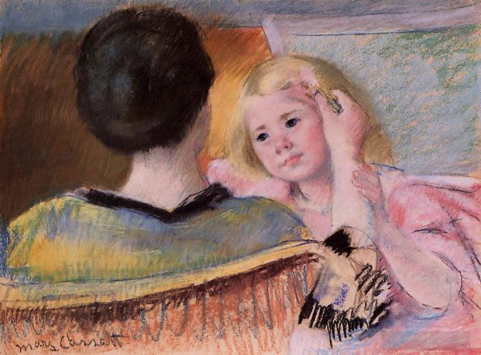 玛丽·史帝文森·卡萨特 的各类绘画作品 -  《妈妈梳理萨拉斯头发没有》