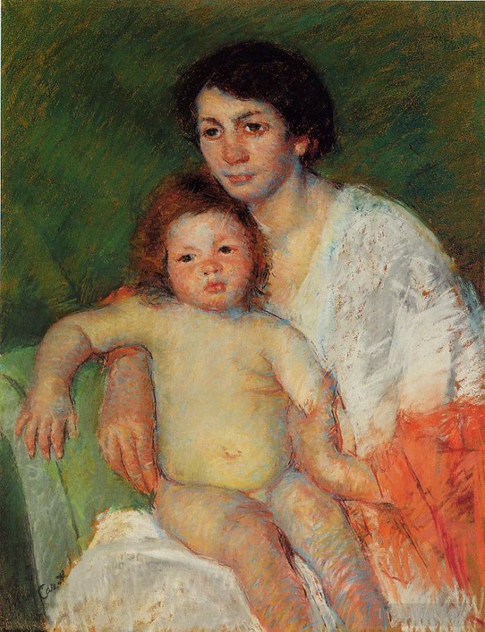 玛丽·史帝文森·卡萨特 的各类绘画作品 -  《裸体婴儿躺在母亲腿上，手臂靠在椅背上》