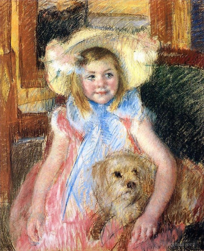 玛丽·史帝文森·卡萨特 的各类绘画作品 -  《戴着大花帽子的萨拉看着右边抱着她的狗》