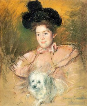 艺术家玛丽·史帝文森·卡萨特作品《穿着覆盆子服装的女人抱着一只狗》