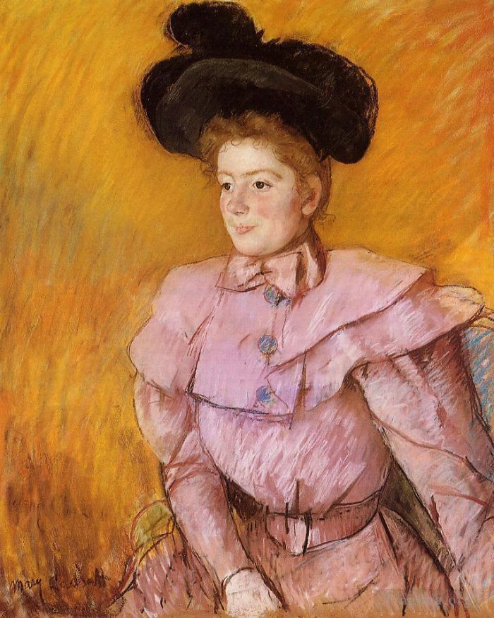玛丽·史帝文森·卡萨特 的各类绘画作品 -  《戴着黑帽子和覆盆子粉色服装的女人》