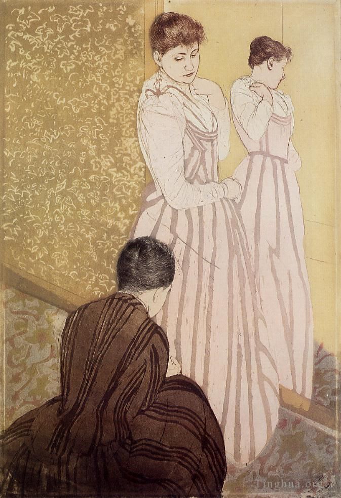 玛丽·史帝文森·卡萨特 的各类绘画作品 -  《试穿裙子的年轻女子》