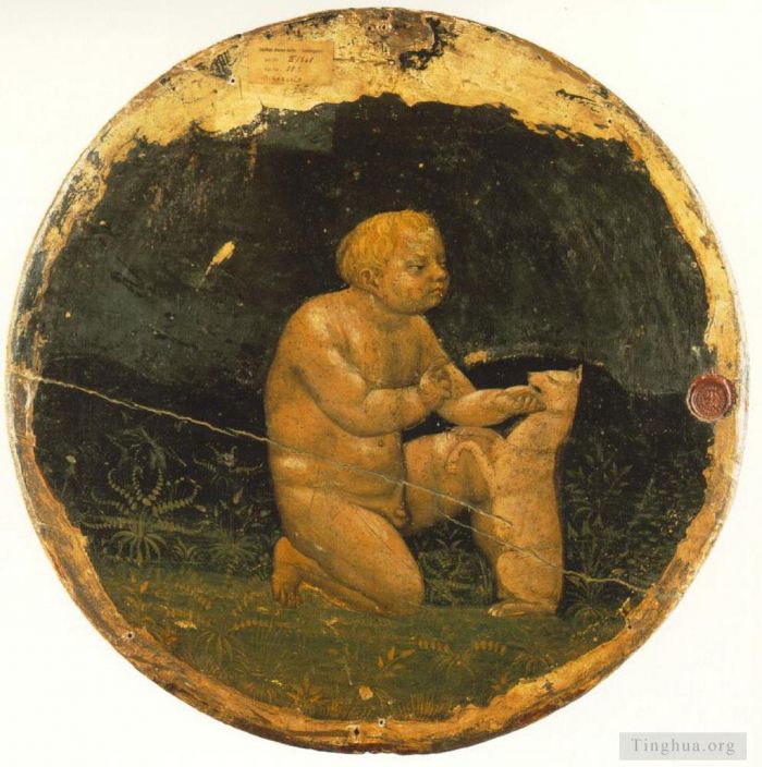 马萨乔 的各类绘画作品 -  《普托和一只小狗柏林,Tondo,的背面》