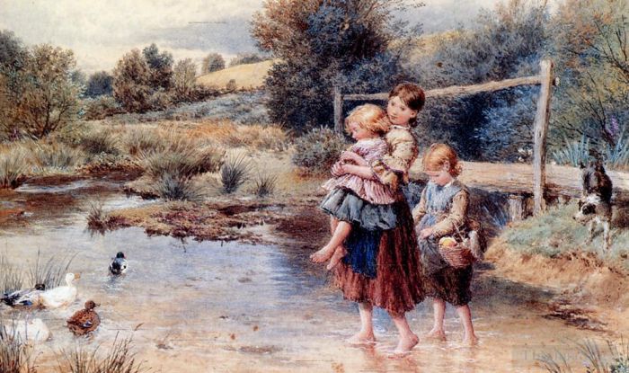 迈尔斯·伯基特·福斯特 的油画作品 -  《孩子们在溪流中划桨》