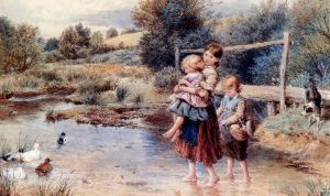 古董油画《Children Paddling In A Stream》