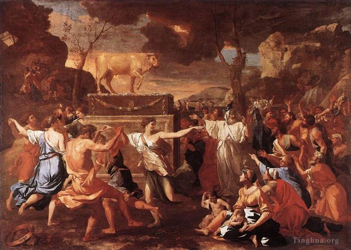 尼古拉斯·普桑 的油画作品 -  《金牛犊的崇拜》