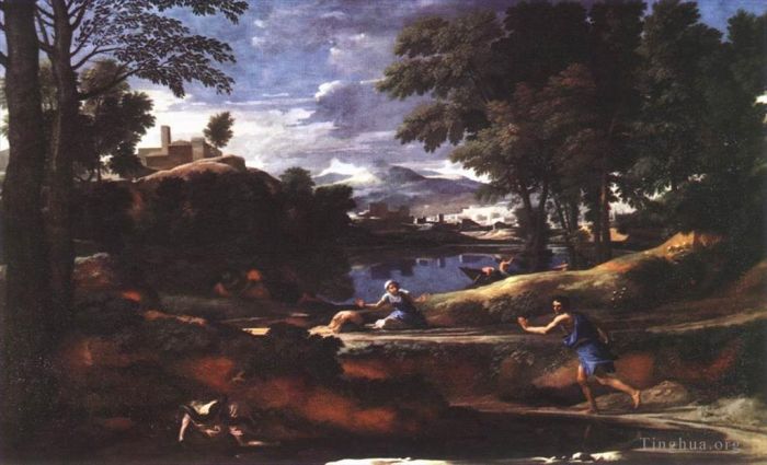 尼古拉斯·普桑 的油画作品 -  《男子被蛇咬死的风景》