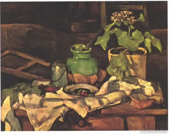 保罗·塞尚 的油画作品 -  《桌子上的花盆》