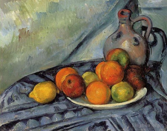 保罗·塞尚 的油画作品 -  《桌子上的水果和水罐》