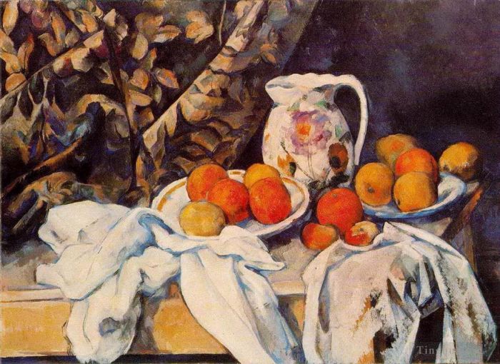 保罗·塞尚 的油画作品 -  《有窗帘和花罐的静物》