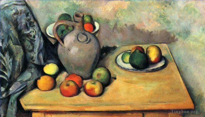 保罗·塞尚 的油画作品 -  《桌上的静物水罐和水果》