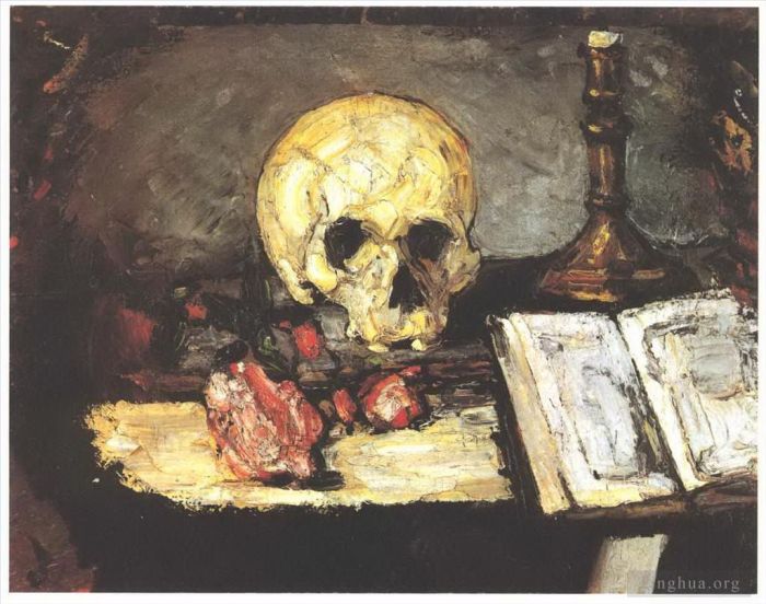 保罗·塞尚 的油画作品 -  《静物与头骨蜡烛和书》