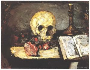 艺术家保罗·塞尚作品《静物与头骨蜡烛和书》