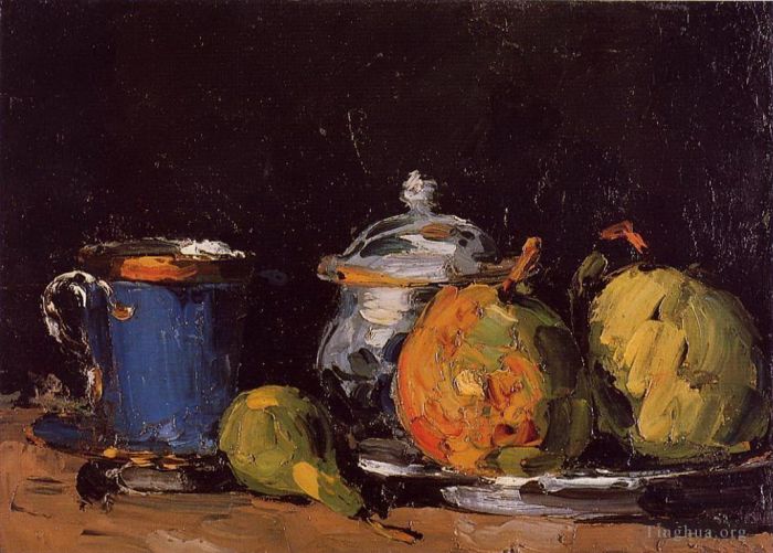 保罗·塞尚 的油画作品 -  《糖碗梨和蓝杯》