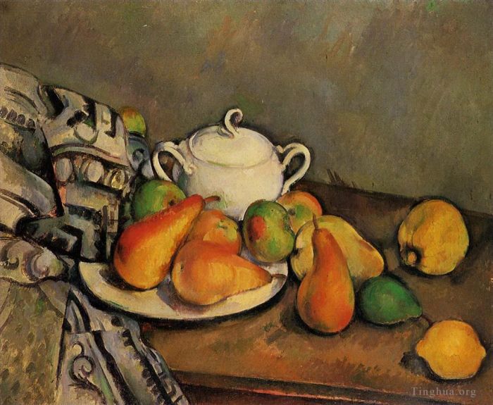 保罗·塞尚 的油画作品 -  《糖碗梨和桌布》