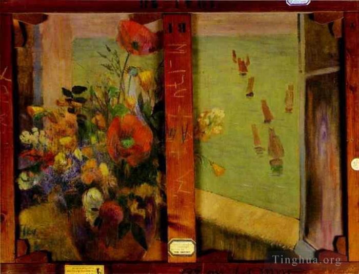 保罗·高更 的油画作品 -  《布列塔尼干草制作的逆向窗户开向大海的花束》