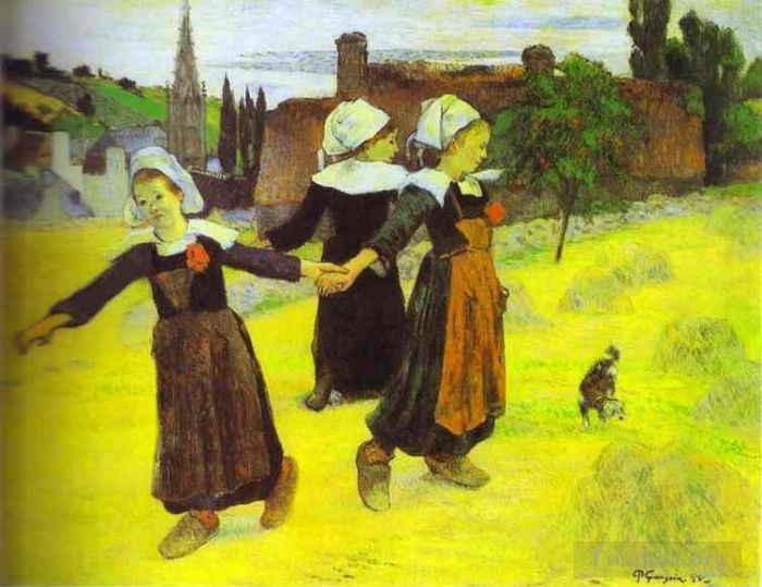 保罗·高更 的油画作品 -  《布列塔尼女孩在阿文桥跳舞》