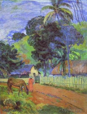 艺术家保罗·高更作品《大溪地风景路上的马》