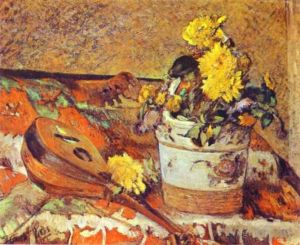 艺术家保罗·高更作品《曼陀林与鲜花》