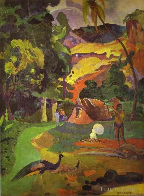 保罗·高更 的油画作品 -  《Matamoe,景观与孔雀》