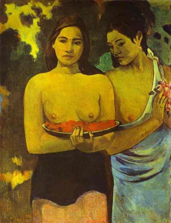 保罗·高更 的油画作品 -  《两个拿着芒果花的大溪地女人》