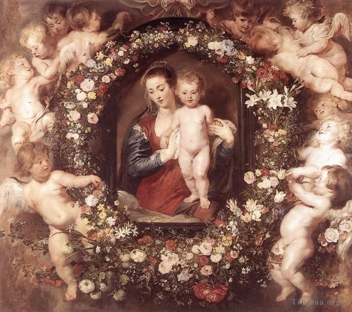 彼得·保罗·鲁本斯 的油画作品 -  《围绕着麦当娜的花环》
