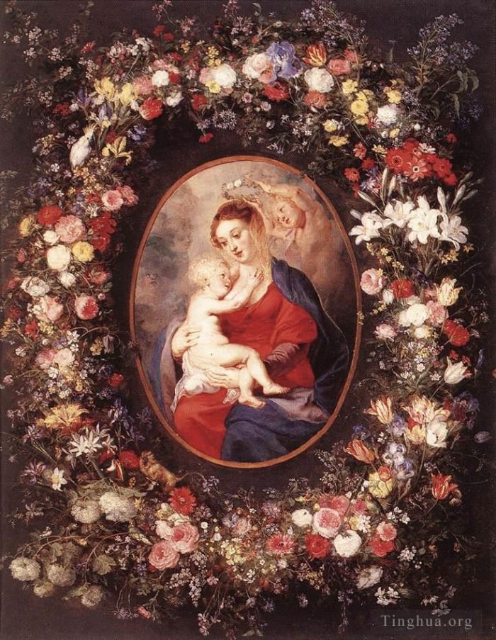 彼得·保罗·鲁本斯 的油画作品 -  《花环中的圣母与圣子》