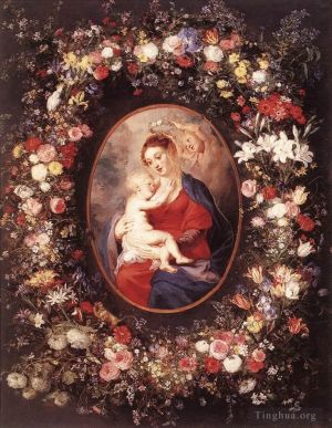 艺术家彼得·保罗·鲁本斯作品《花环中的圣母与圣子》