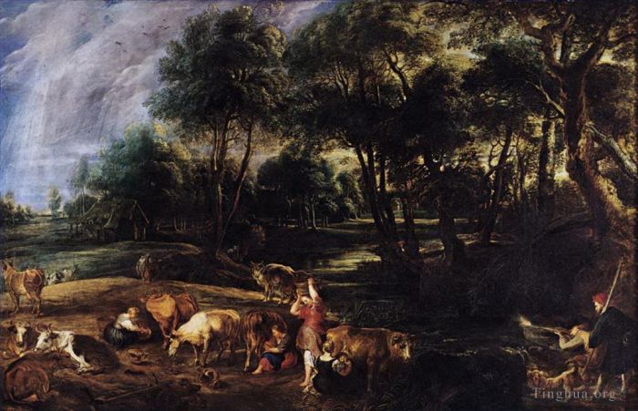 彼得·保罗·鲁本斯 的油画作品 -  《有牛和野鸟的风景》