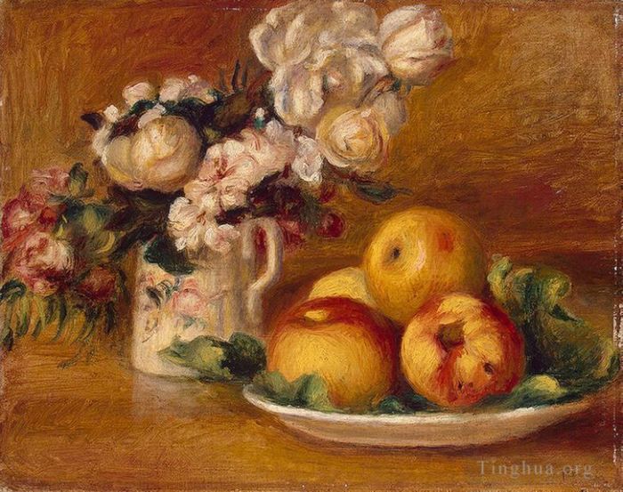 皮埃尔·奥古斯特·雷诺阿 的油画作品 -  《苹果和鲜花静物》