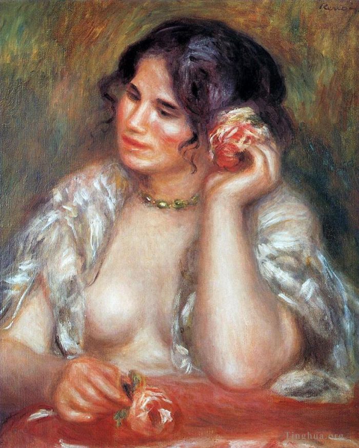 皮埃尔·奥古斯特·雷诺阿 的油画作品 -  《加布里埃尔与一朵玫瑰》