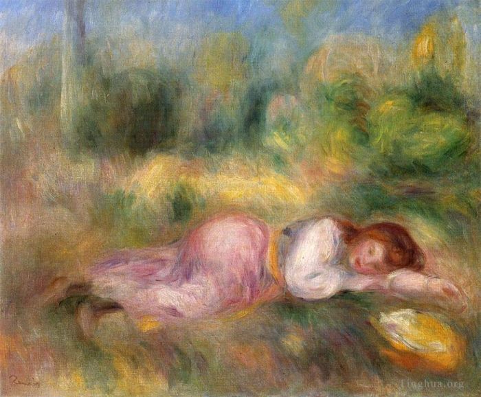 皮埃尔·奥古斯特·雷诺阿 的油画作品 -  《女孩在草地上伸展身体》