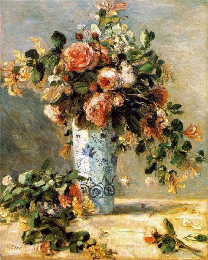 皮埃尔·奥古斯特·雷诺阿 的油画作品 -  《代尔夫特花瓶中的玫瑰和茉莉花》