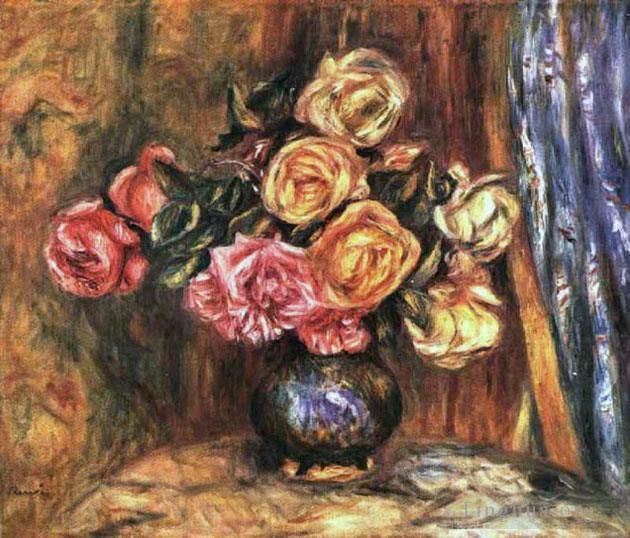 皮埃尔·奥古斯特·雷诺阿 的油画作品 -  《蓝色窗帘花前的玫瑰》