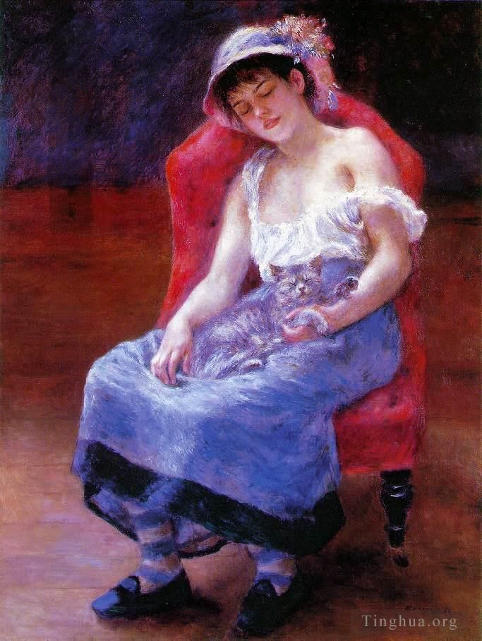 皮埃尔·奥古斯特·雷诺阿 的油画作品 -  《有猫的睡觉的女孩》
