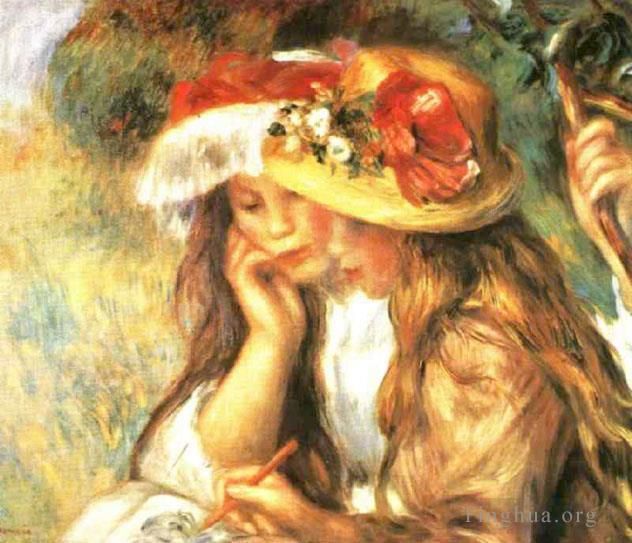 皮埃尔·奥古斯特·雷诺阿 的油画作品 -  《花园里读书的两个女孩》
