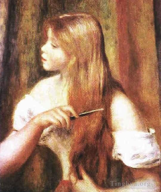 皮埃尔·奥古斯特·雷诺阿 的油画作品 -  《年轻的女孩梳理她的头发》