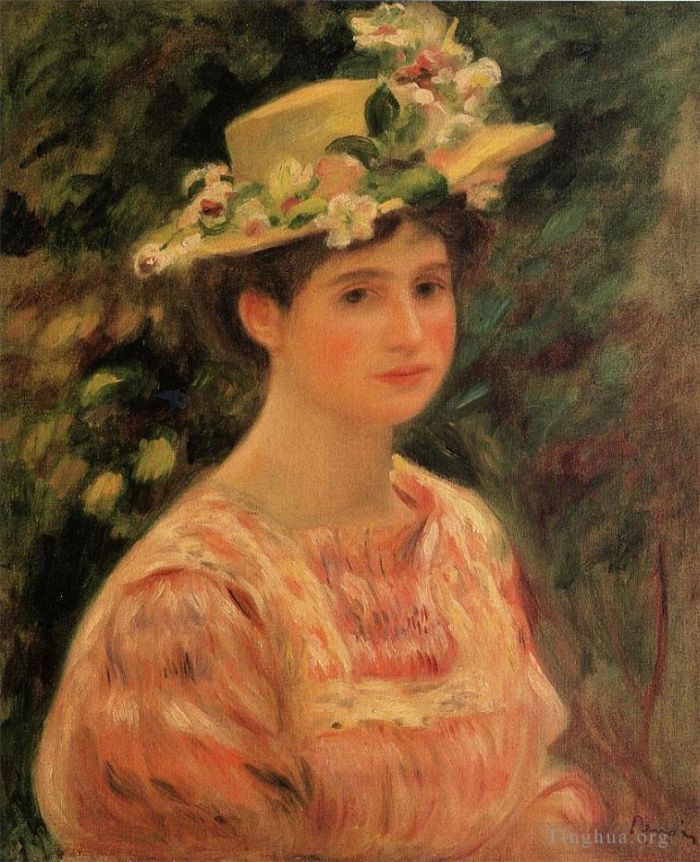 皮埃尔·奥古斯特·雷诺阿 的油画作品 -  《戴着野玫瑰帽子的年轻女子》
