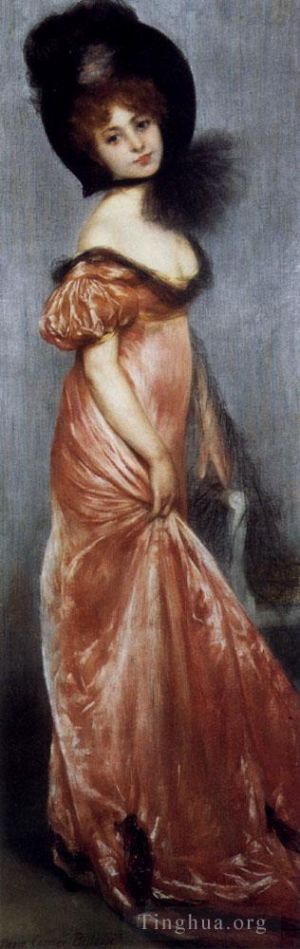 艺术家皮埃尔·芮尔·伯勒犹斯作品《穿着粉红色连衣裙的年轻女孩》