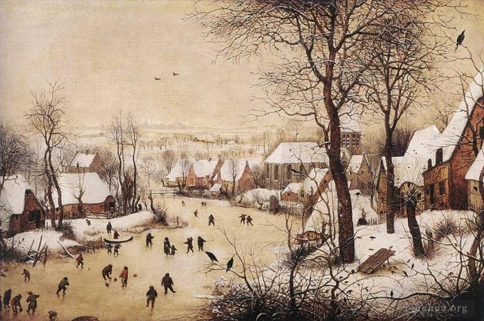 老彼得·勃鲁盖尔 的油画作品 -  《冬季景观与溜冰者和捕鸟器》