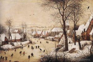 艺术家老彼得·勃鲁盖尔作品《冬季景观与溜冰者和捕鸟器》