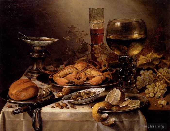 彼特·克莱茨 的油画作品 -  《宴会静物与银盘上的螃蟹》