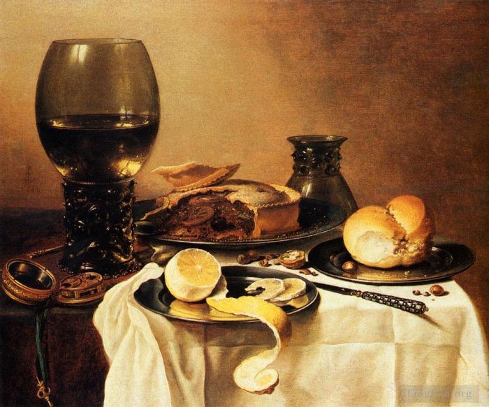 彼特·克莱茨 的油画作品 -  《早餐静物与罗默肉馅饼柠檬和面包》